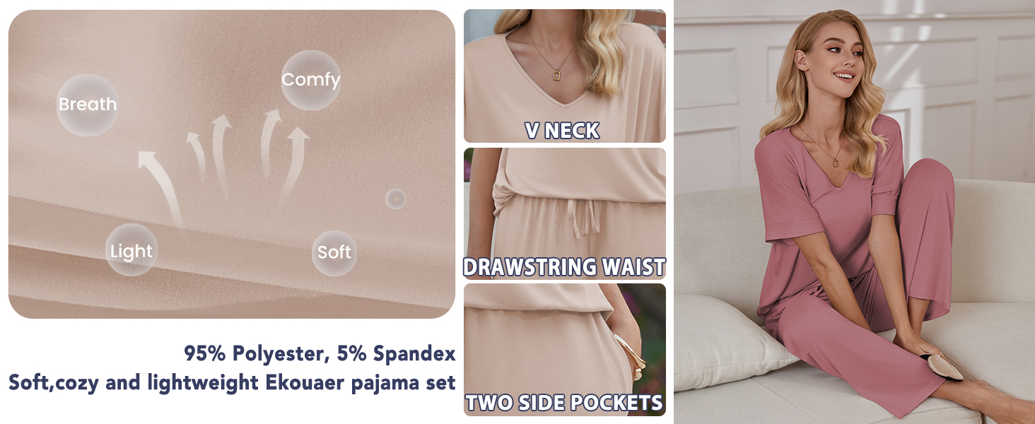Ekouaer Pajama Sets Women 2 Piece Lounge Set Short Sleeve Tops and Long Pants Comfy Pjs Outfits Set