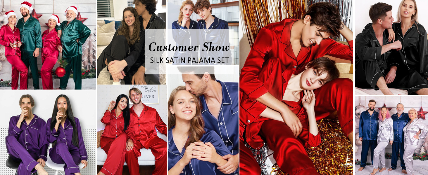 Ekouaer Christmas Couples Matching Pajamas Silk Satin Long Sleeve Pjs Set Holiday Sleepwear