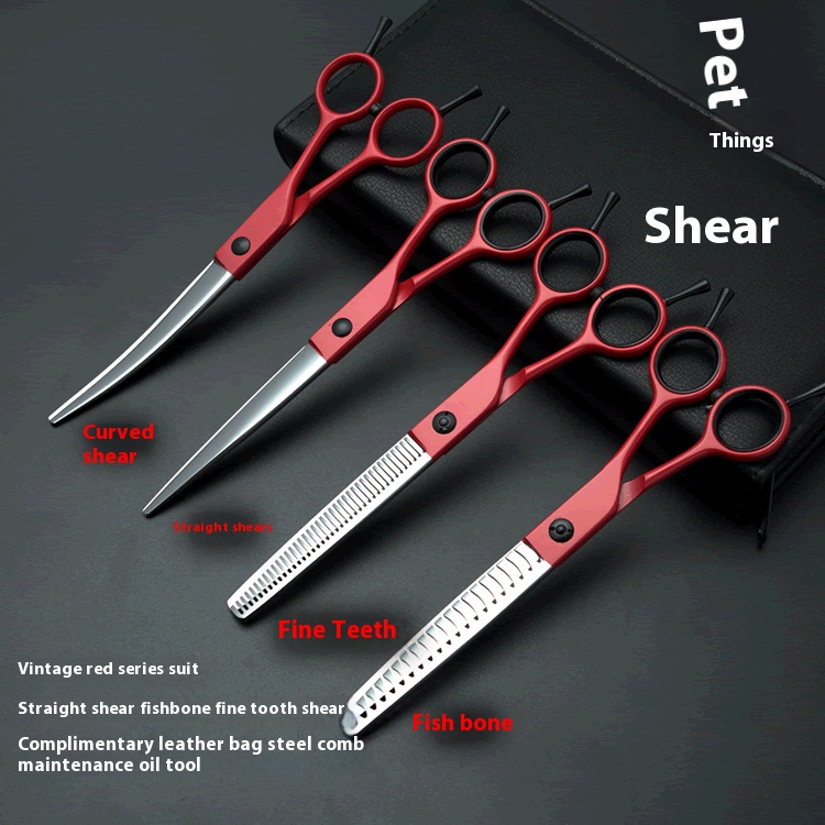 7-Inch Red Stainless Steel Pet Grooming Scissors Kit