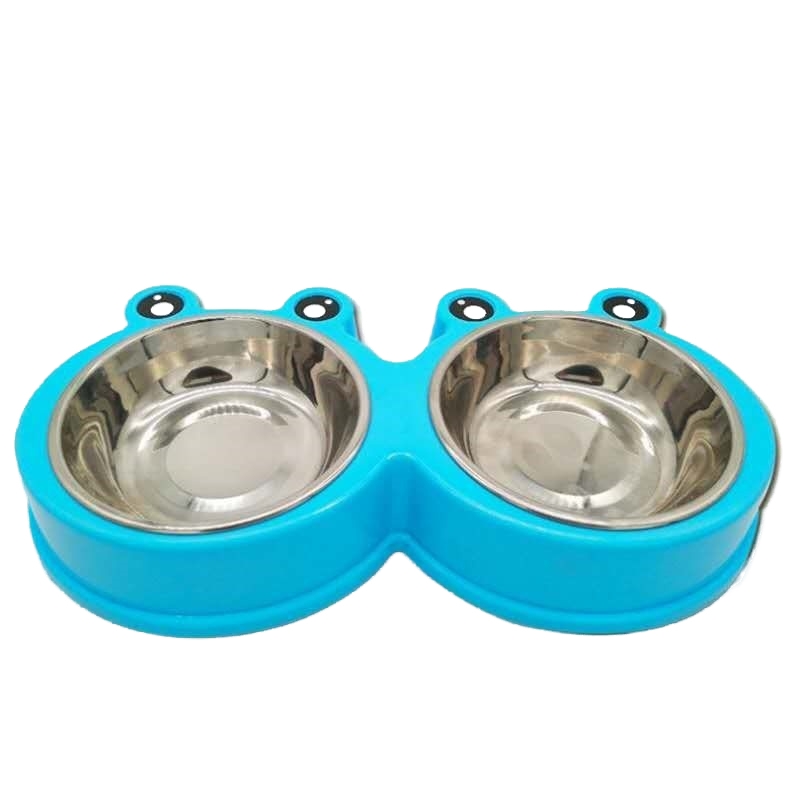 Pet Bowl cartoon pet dog bowl stainless steel frog double bowl reduce overflow dog bowl dog