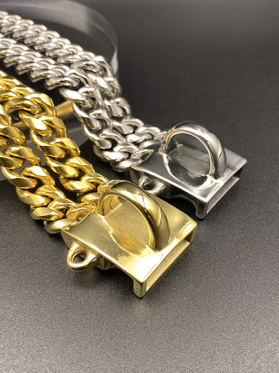 Double reinforced stainless steel double chain pet gold dog leash bandana drag chain dog walking collar medium large dog bully