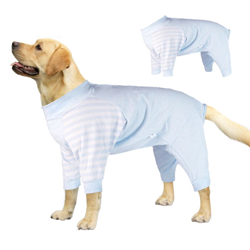 Large dog wearing Lovinpet blue high elastic pajamas with striped sleeves, designed for comfort and convenience, featuring a back-breasted design and breathable fabric.