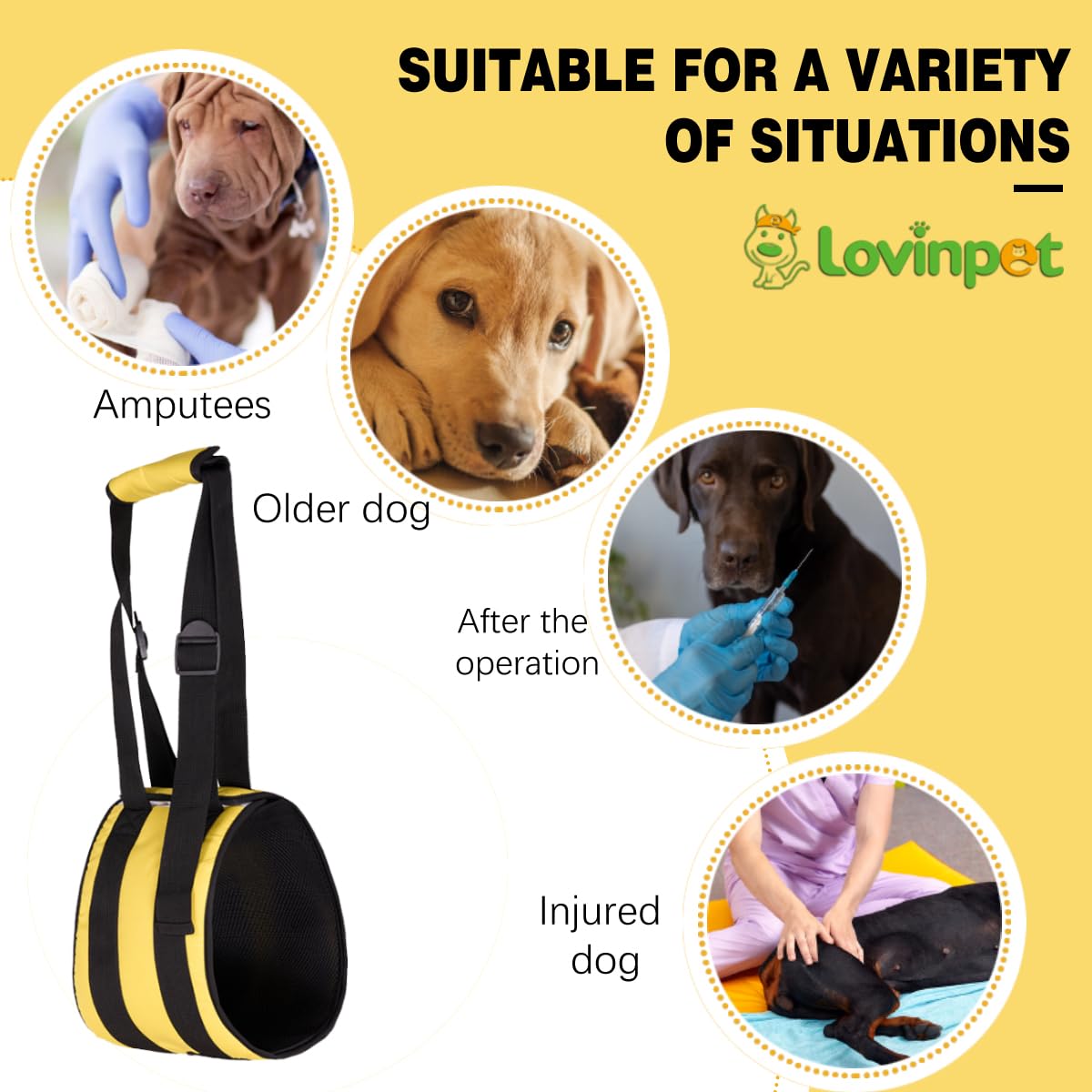 LovinPet Adjustable Dog Lift Harness for Weak Rear Legs|Portable and Comfortable Support Sling|Ideal for Senior,Injured,Disabled Dogs,and Post-ACL Surgery Recovery,Yellow
