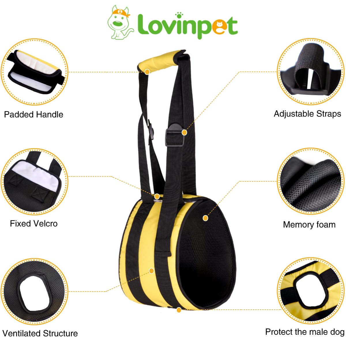 LovinPet Adjustable Dog Lift Harness for Weak Rear Legs|Portable and Comfortable Support Sling|Ideal for Senior,Injured,Disabled Dogs,and Post-ACL Surgery Recovery,Yellow