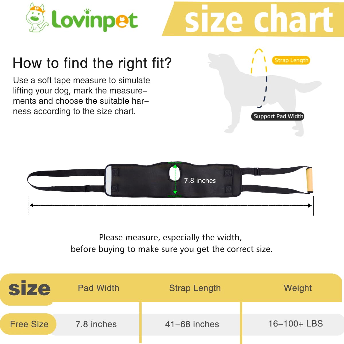 LovinPet Adjustable Dog Lift Harness for Weak Rear Legs|Portable and Comfortable Support Sling|Ideal for Senior,Injured,Disabled Dogs,and Post-ACL Surgery Recovery,Yellow