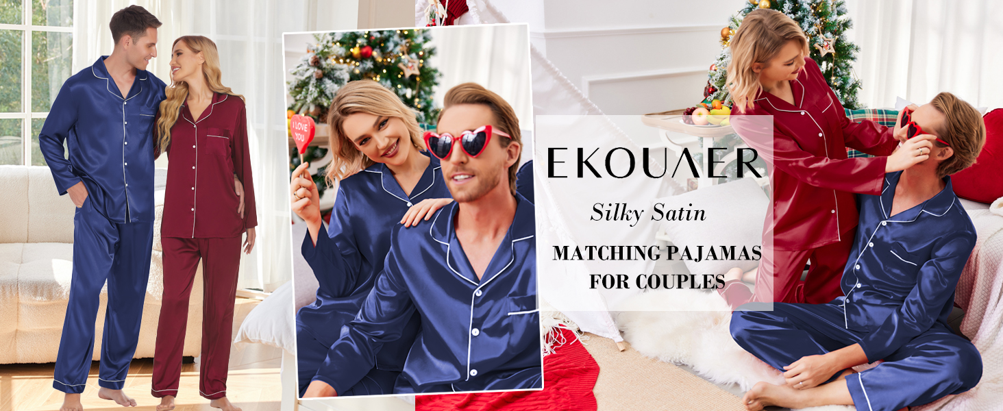 ekouaer silk satin pajamas set for couples long sleeve womens mens pjs sleepwear set