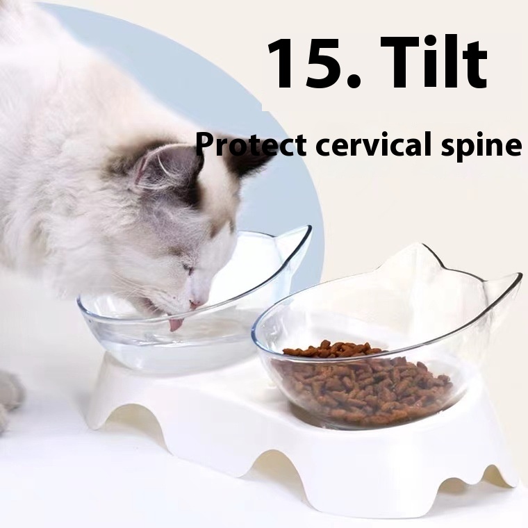 Cat bowl cat double Bowl tilt 15 掳 neck protection anti splash dog bowl drink fountain pet double Bowl