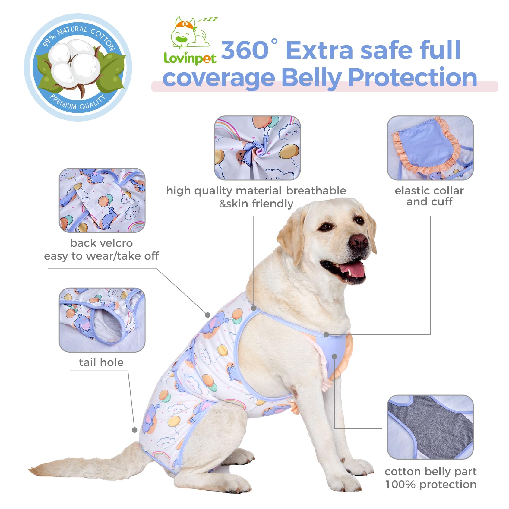 LovinPet Large Dog Post Recovery Suit - Pastel Clouds & Balloons Design