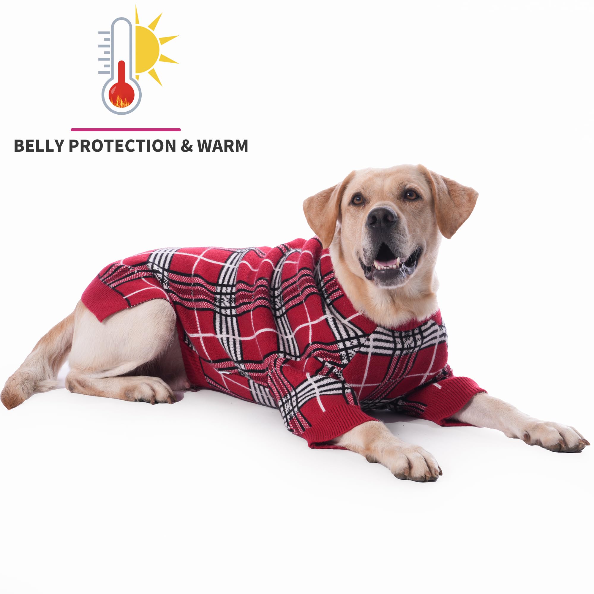 LovinPet Large Dog Sweater - Classic British Plaid Red Windproof Knit Sweater, Cozy Two-Legged Design for Medium &amp; Large Dogs, Warm Vest for Cold Weather,XXXL