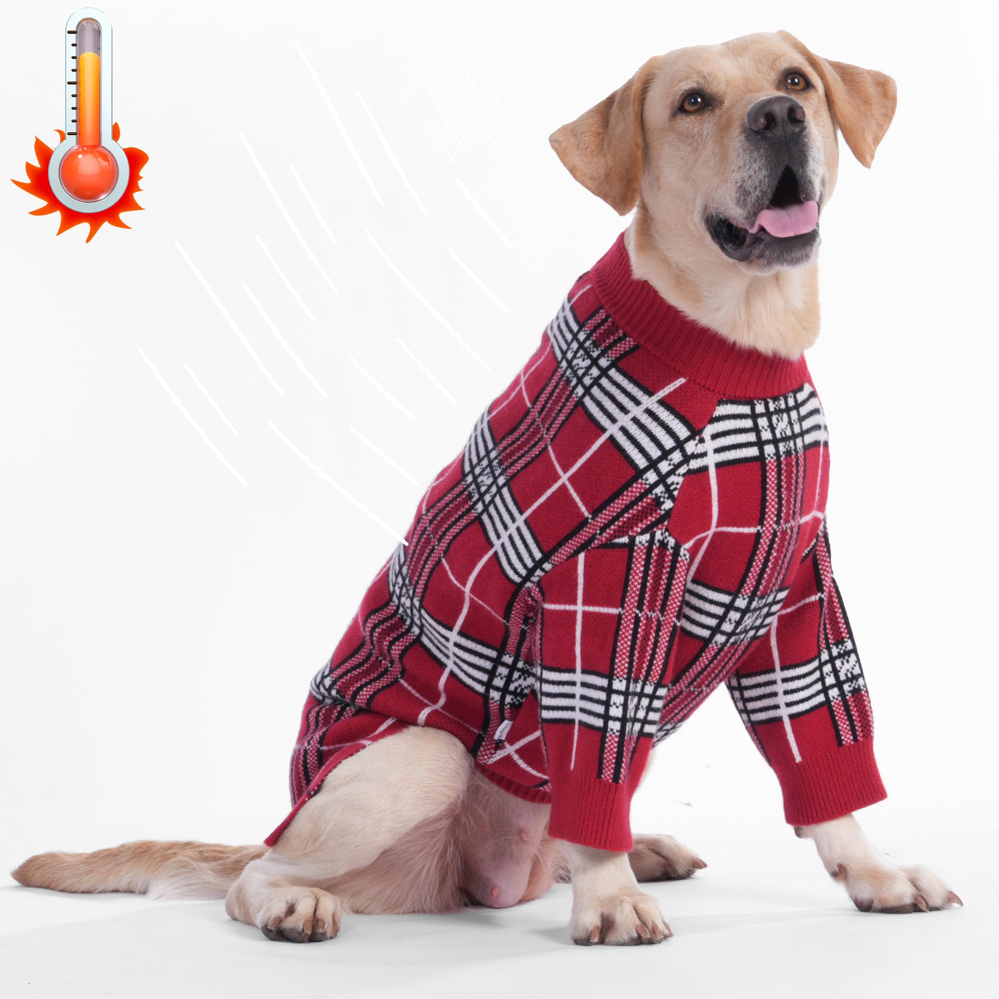 LovinPet Large Dog Sweater - Classic British Plaid Red Windproof Knit Sweater, Cozy Two-Legged Design for Medium &amp; Large Dogs, Warm Vest for Cold Weather,XXXL
