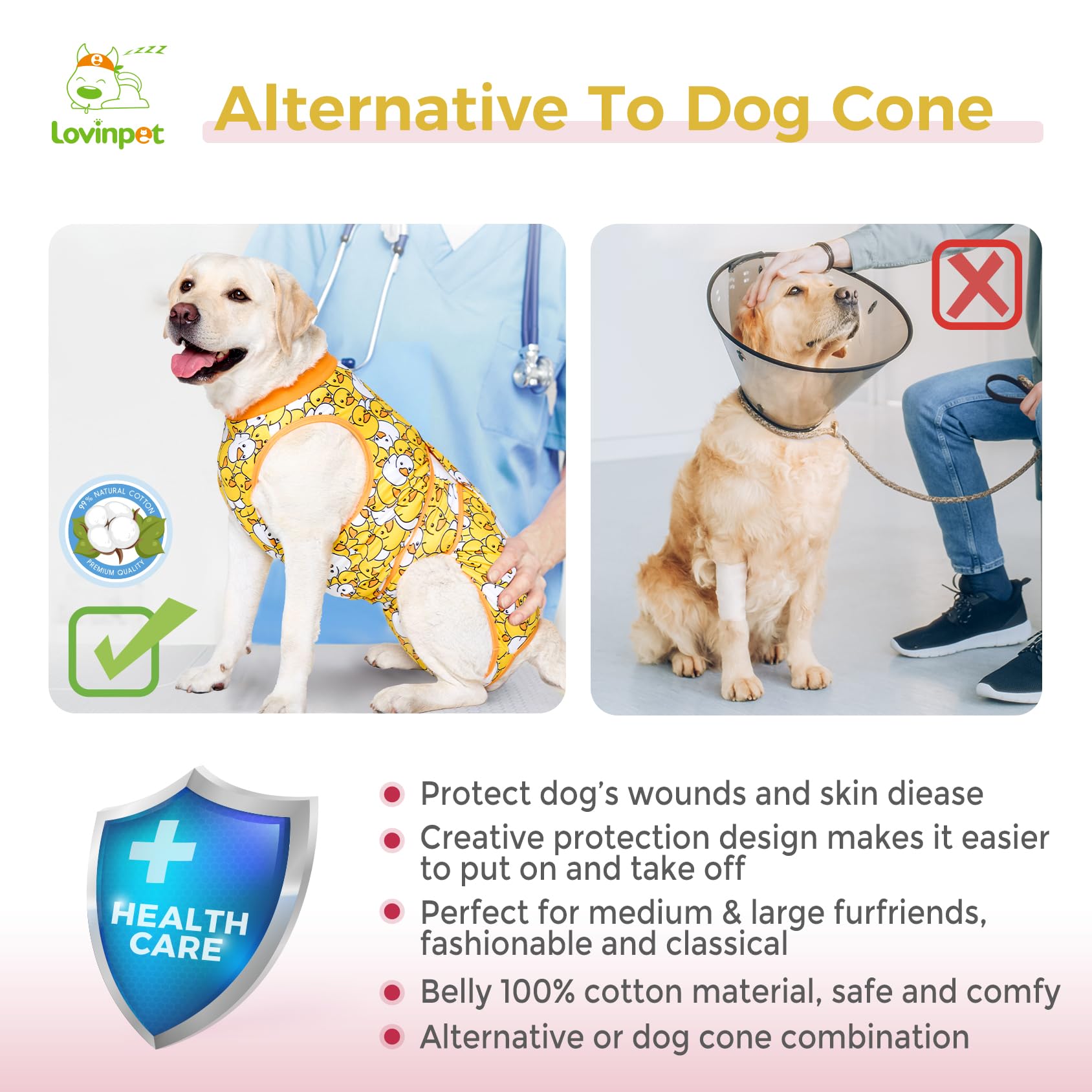LovinPet Large Dog Post Recovery Suit - Playful Yellow Duck Cartoon Design
