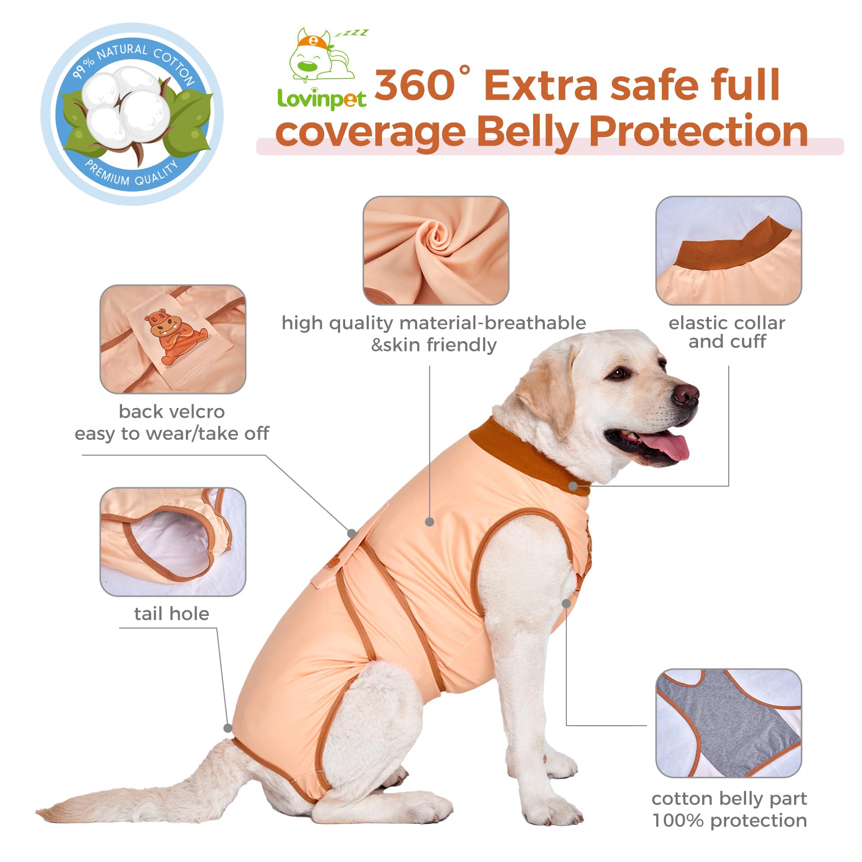 LovinPet Dog's Bodysuit - Wound Protective Surgical Recovery Shirt Recovery Snugly Suit for Abdominal Wounds After Surgery Anti-Licking Dog Onesies,Hippo,Orange,XXL