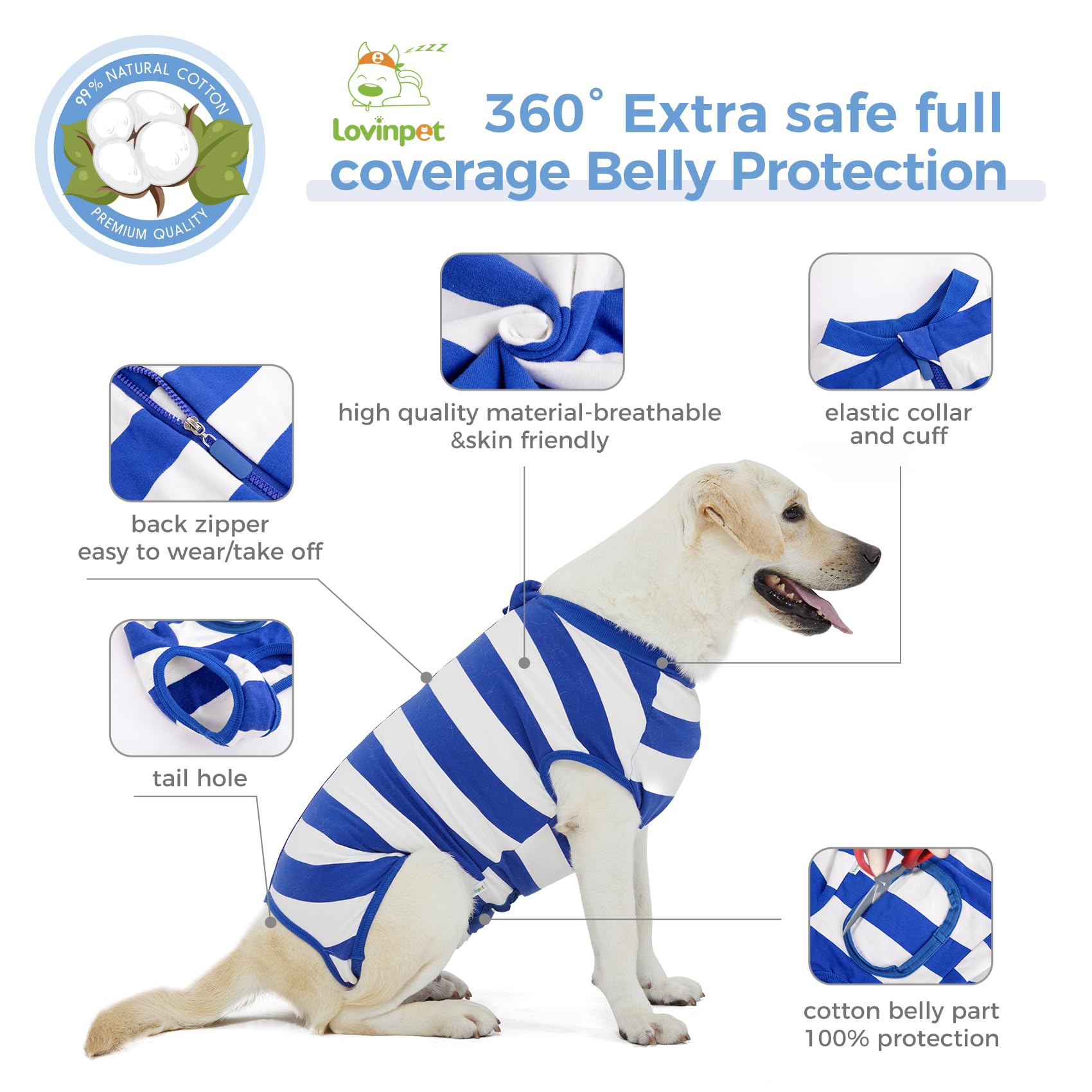 LovinPet Large Dog Post Recovery Suit - Nautical Stripes, Candy Stripes, Sporty Stripes Design