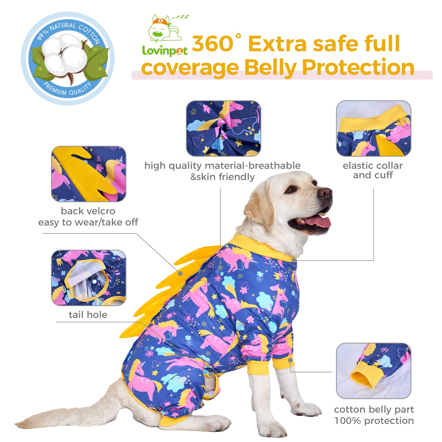 Unicorn Yellow Dog Recovery Suit Full Coverage Post-Surgery Onesie