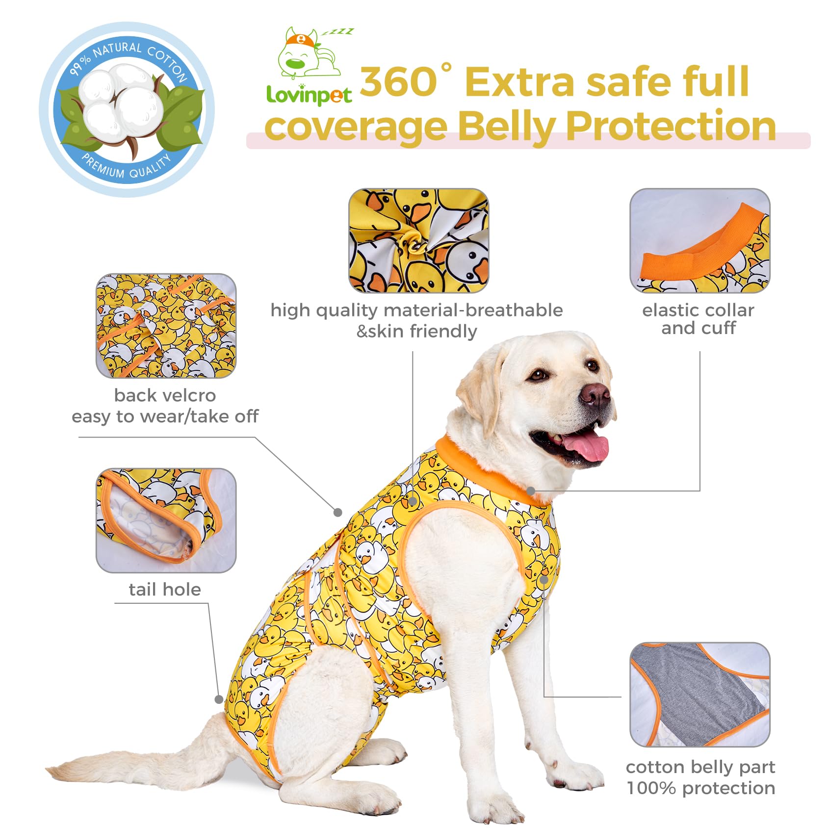 LovinPet Large Dog Post Recovery Suit - Playful Yellow Duck Cartoon Design