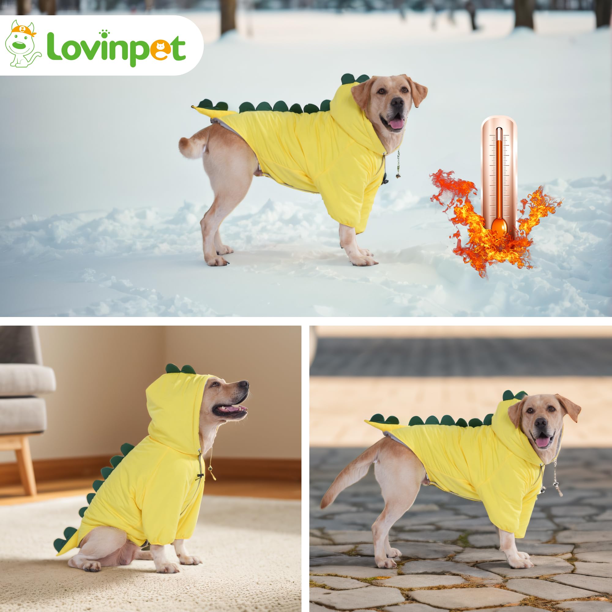 LovinPet Medium &amp; Large Dog Dinosaur Hoodie - Winter Coat for Cold Weather, Green &amp; Orange Jacket for Large Dogs,XXXL