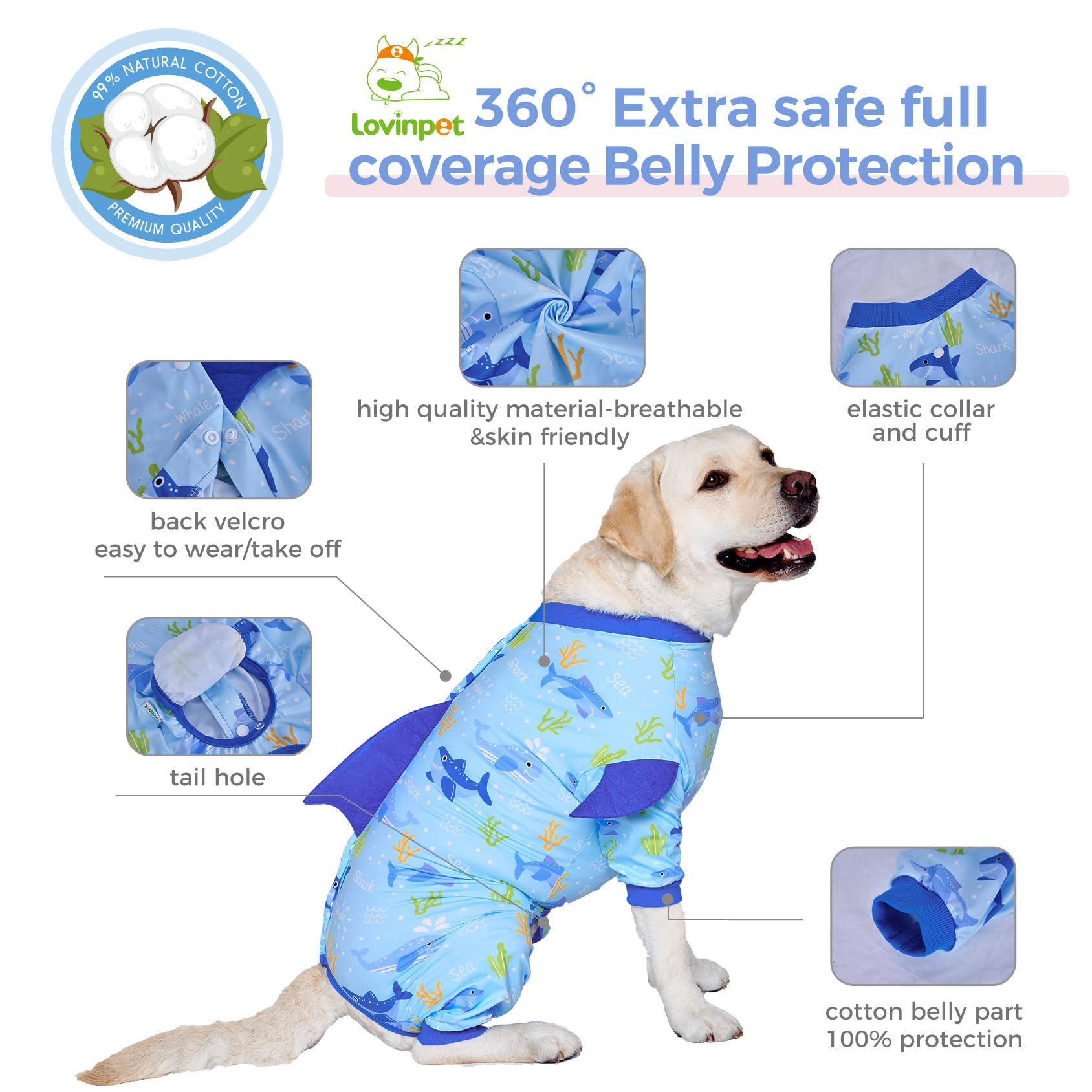 Whale Blue Dog Recovery Suit Full Coverage Post-Surgery Onesie