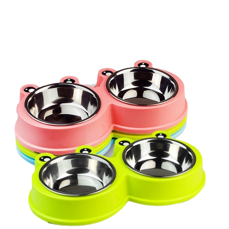 Pet Bowl cartoon pet dog bowl stainless steel frog double bowl reduce overflow dog bowl dog