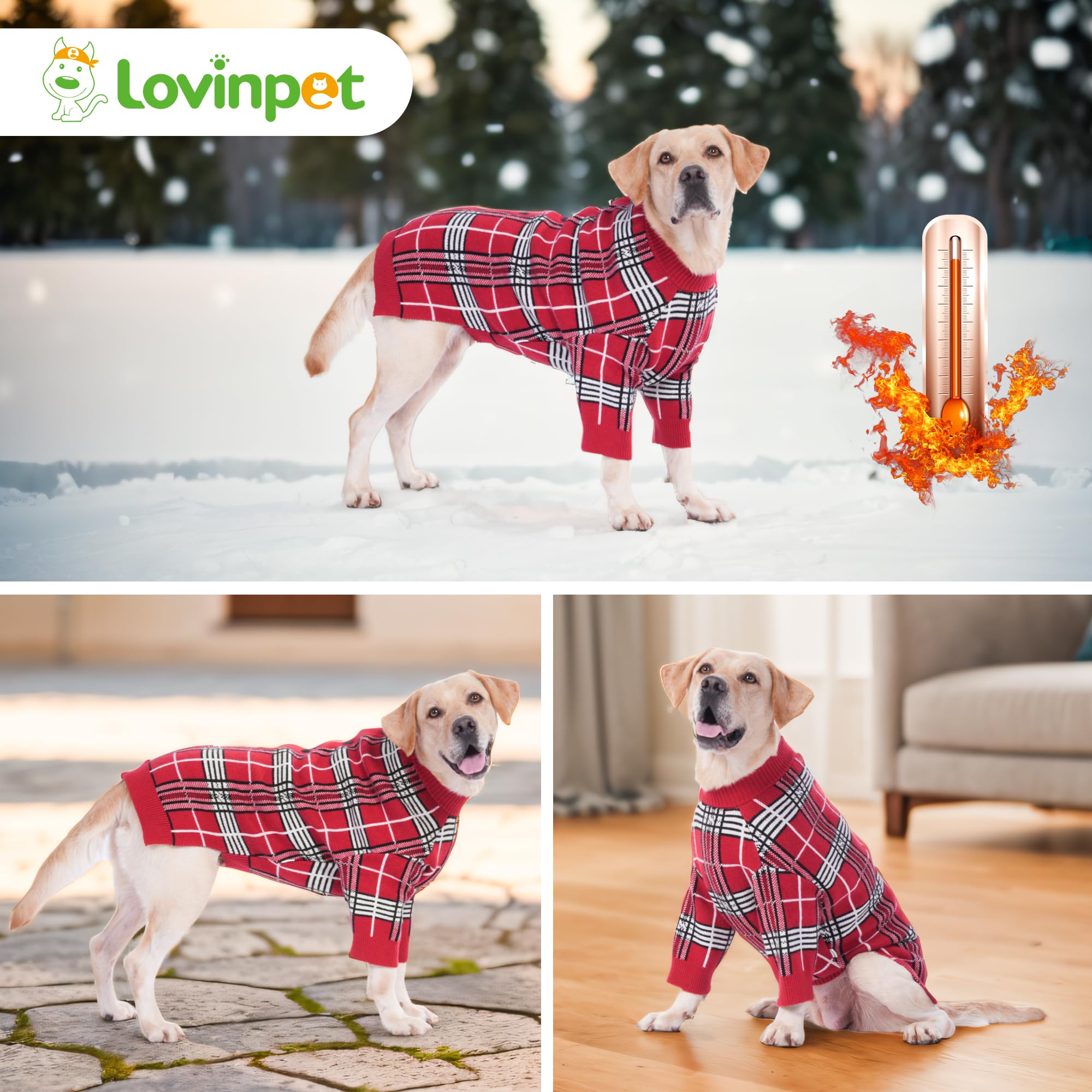 LovinPet Large Dog Sweater - Classic British Plaid Red Windproof Knit Sweater, Cozy Two-Legged Design for Medium &amp; Large Dogs, Warm Vest for Cold Weather,XXXL
