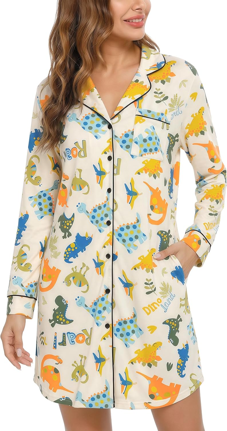 Dinosaur Print Button Front Sleepshirt