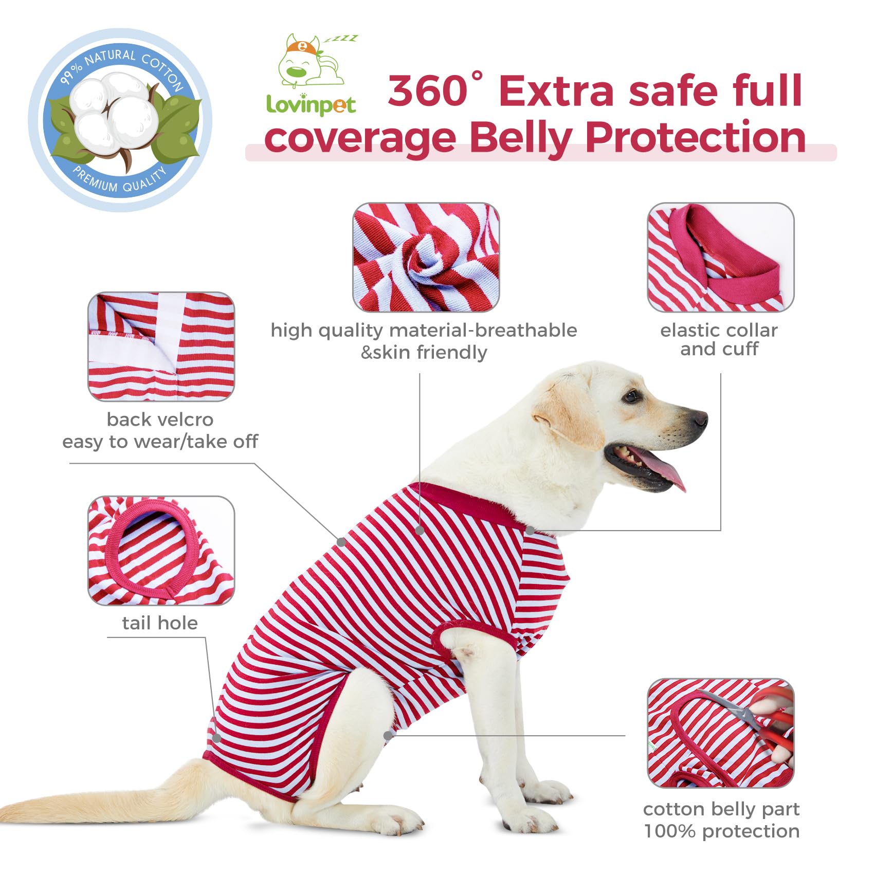 LovinPet Large Dog Post Recovery Suit - Nautical Stripes, Candy Stripes, Sporty Stripes Design