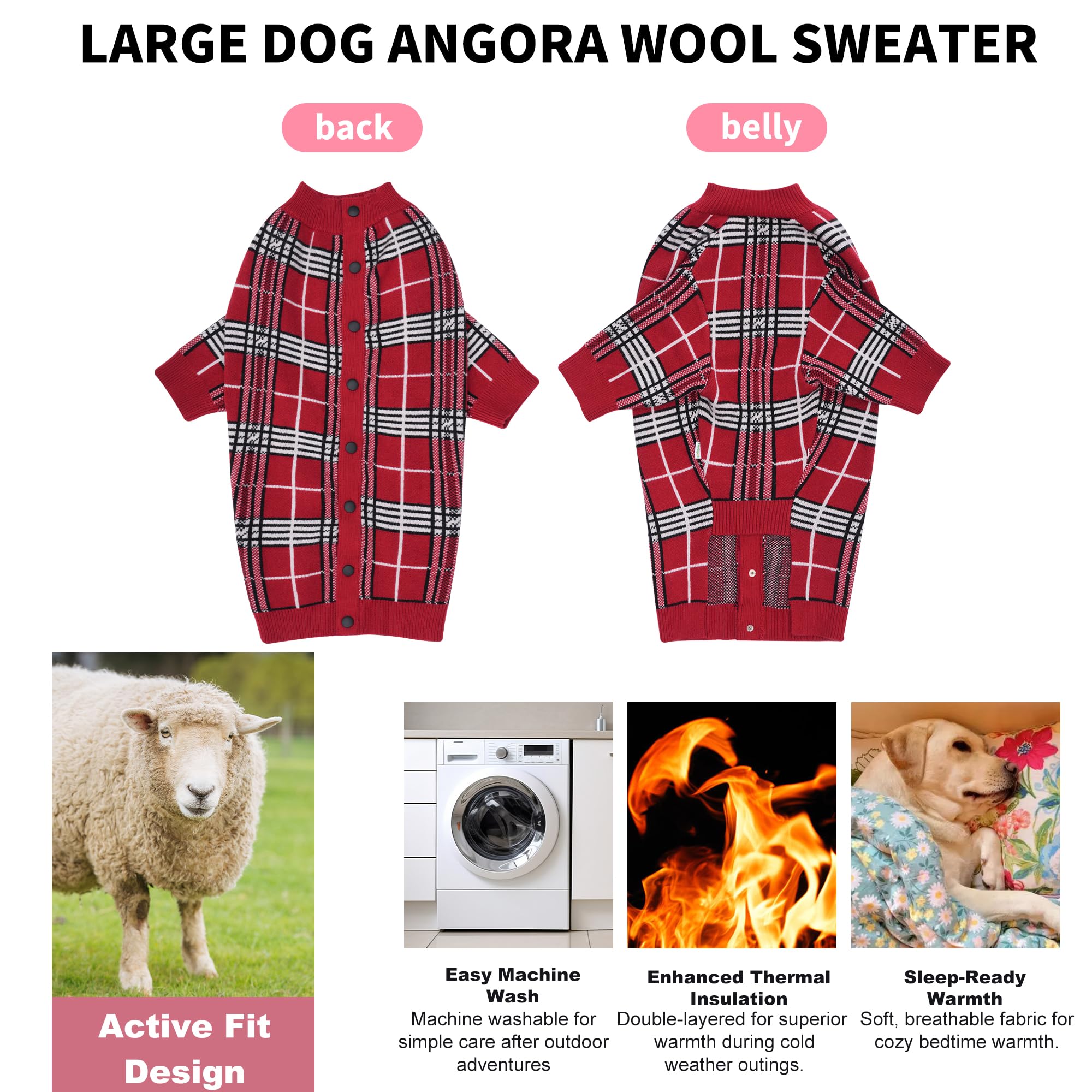 LovinPet Large Dog Sweater - Classic British Plaid Red Windproof Knit Sweater, Cozy Two-Legged Design for Medium &amp; Large Dogs, Warm Vest for Cold Weather,XXXL