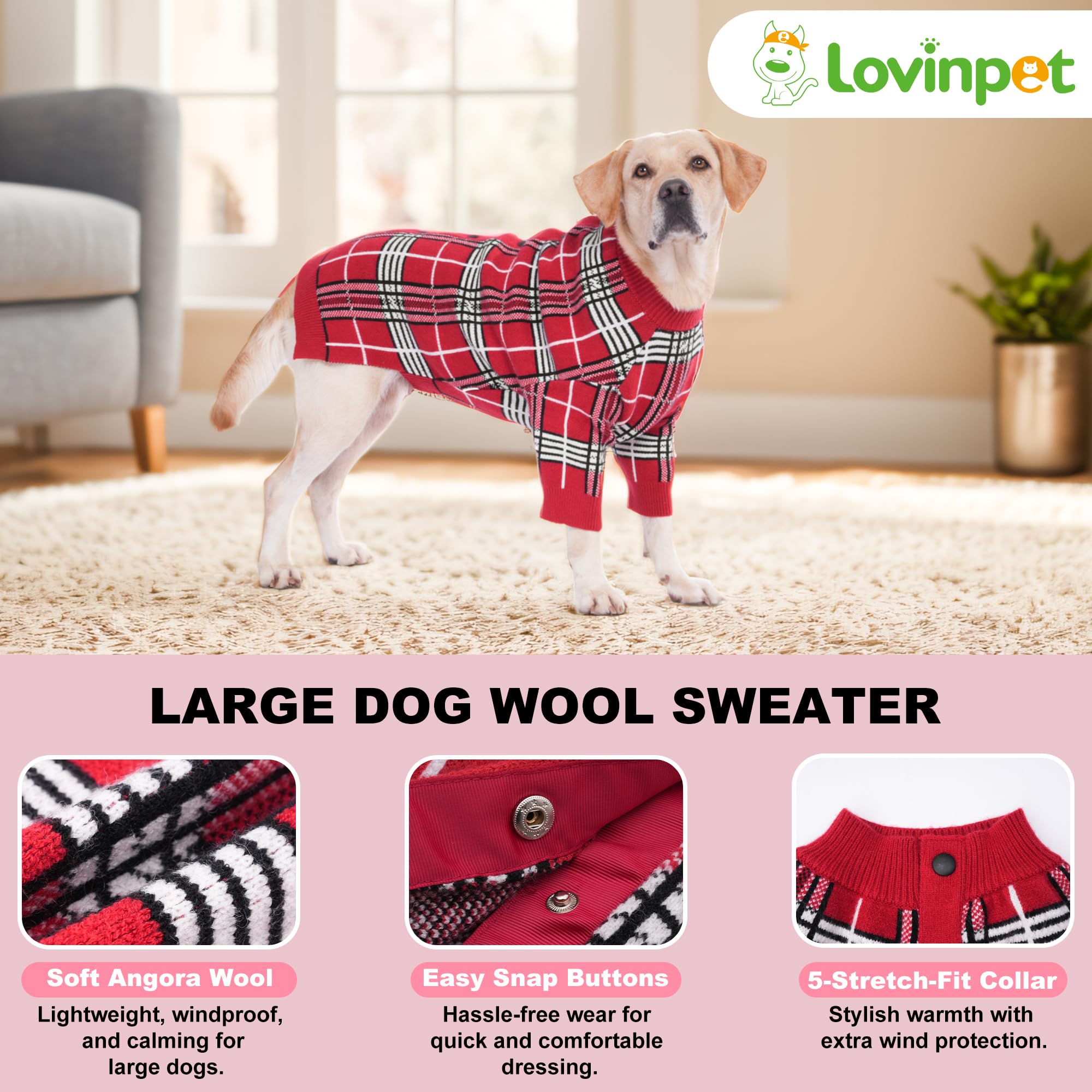 Cozy Warm Red Plaid Large Dog Sweater LovinPet