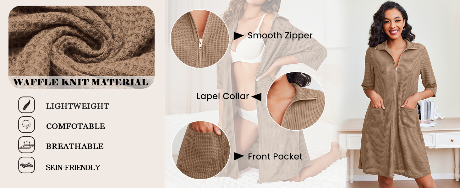 Ekouaer Womens Zipper Robes Waffle Knit Knee Length Bathrobes 3/4 Sleeve Lightweight Loungewear