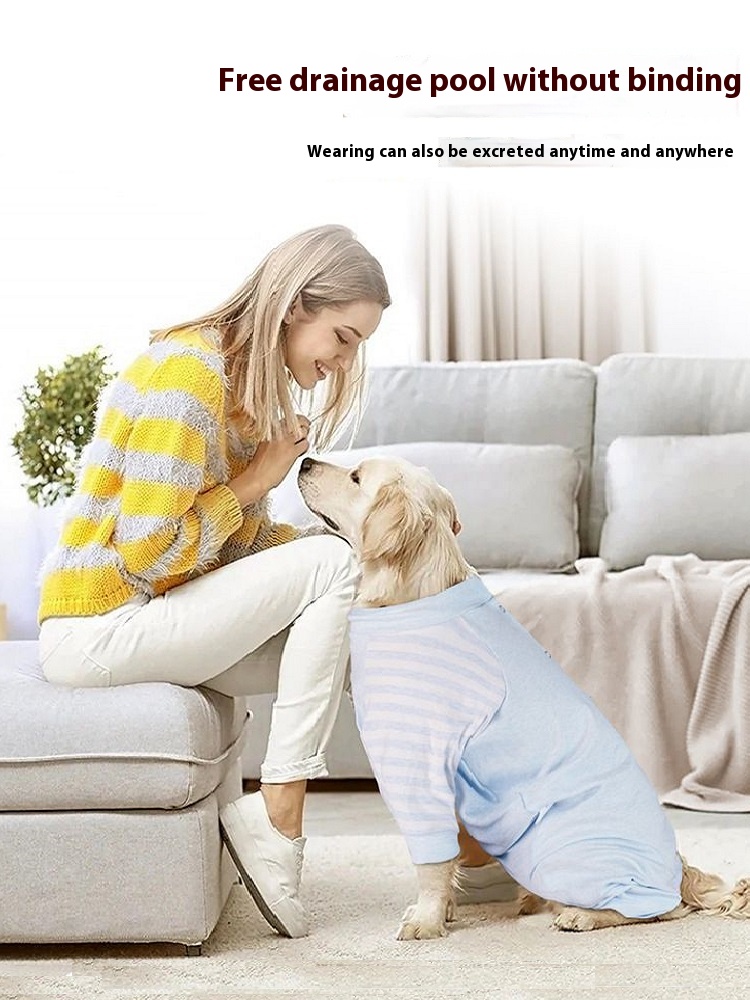 Golden Retriever wearing Lovinpet blue high elastic dog pajamas, sitting comfortably next to a woman in a cozy home setting, showcasing the pajamas' free drainage pool design for convenient excretion anytime and anywhere.