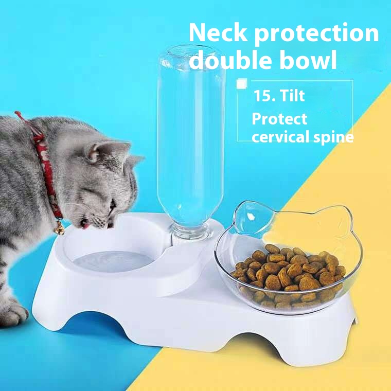 Cat bowl cat double Bowl tilt 15 掳 neck protection anti splash dog bowl drink fountain pet double Bowl