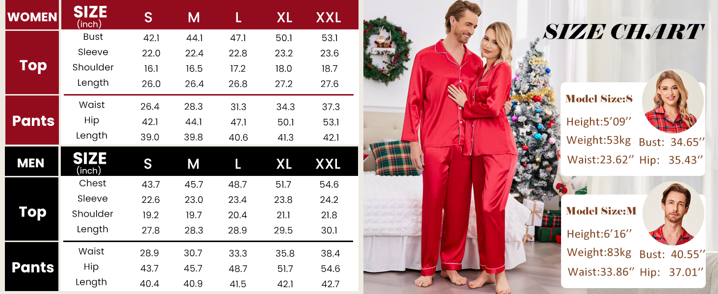 Ekouaer Christmas Couples Matching Pajamas Silk Satin Long Sleeve Pjs Set Holiday Sleepwear
