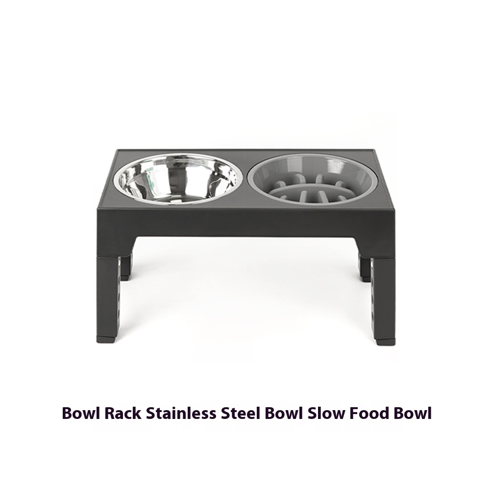 Pet feeder slow feeding bowl lifting dog bowl neck protection anti-tumble stainless steel bowl for pet elevated double bowl two-in-one