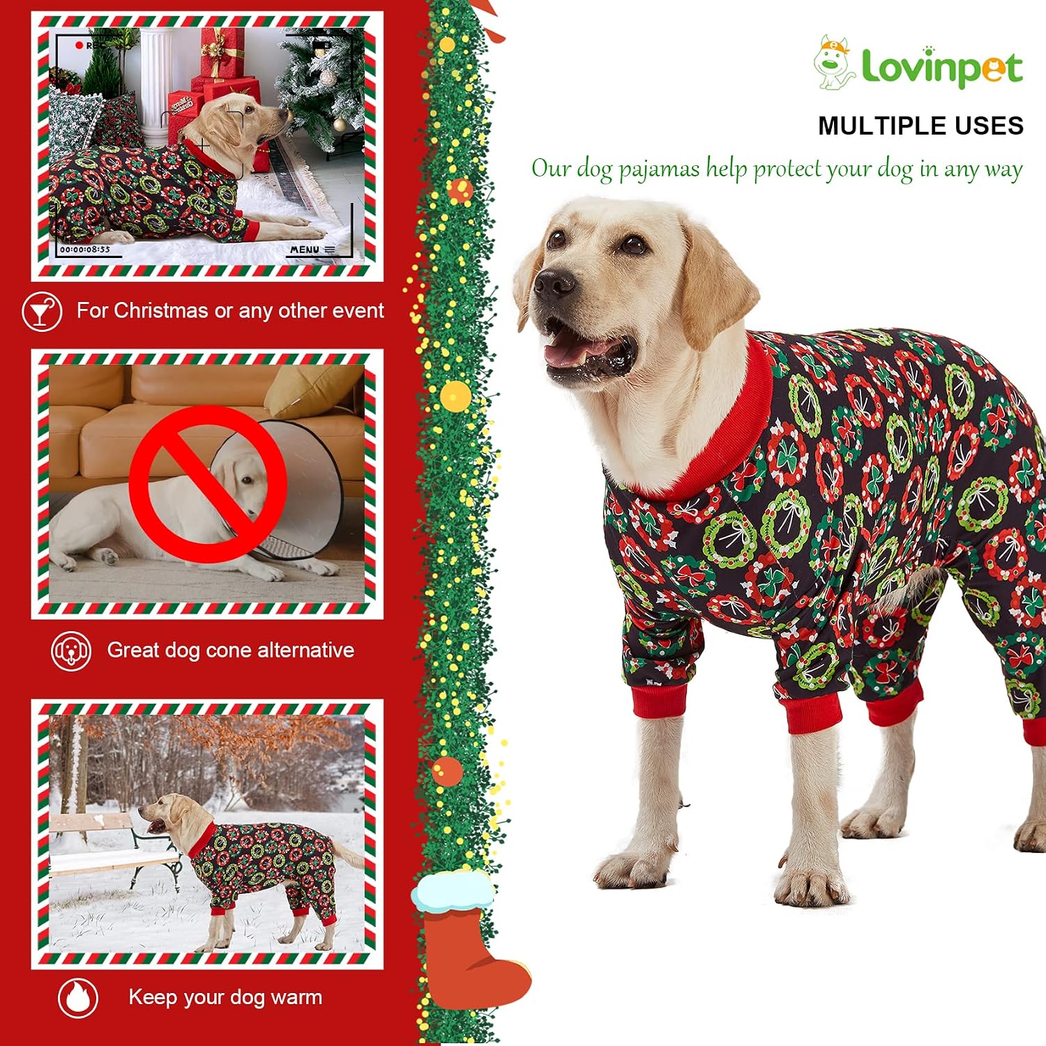 Festive Christmas Bow Pattern Large Dog Pajamas Suit