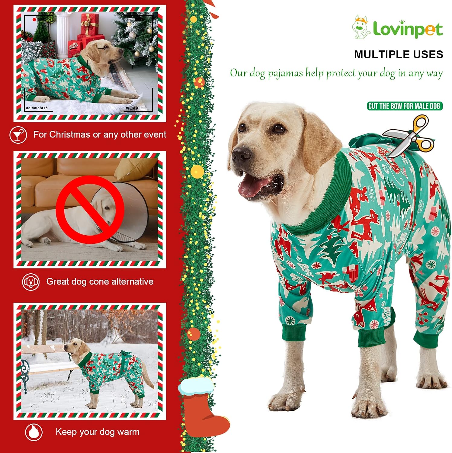 Festive Christmas Bow Pattern Large Dog Pajamas Suit