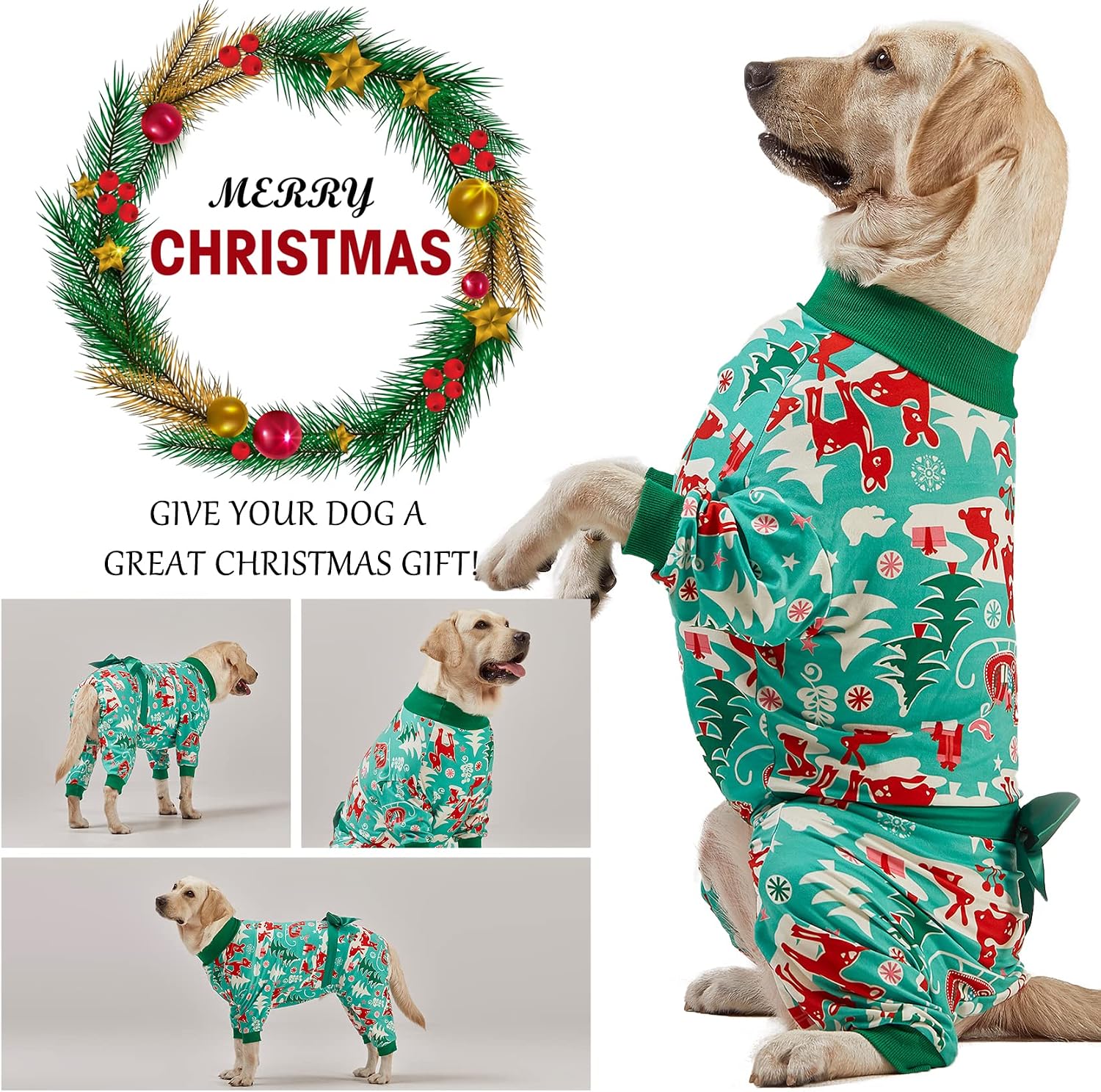 Festive Christmas Bow Pattern Large Dog Pajamas Suit
