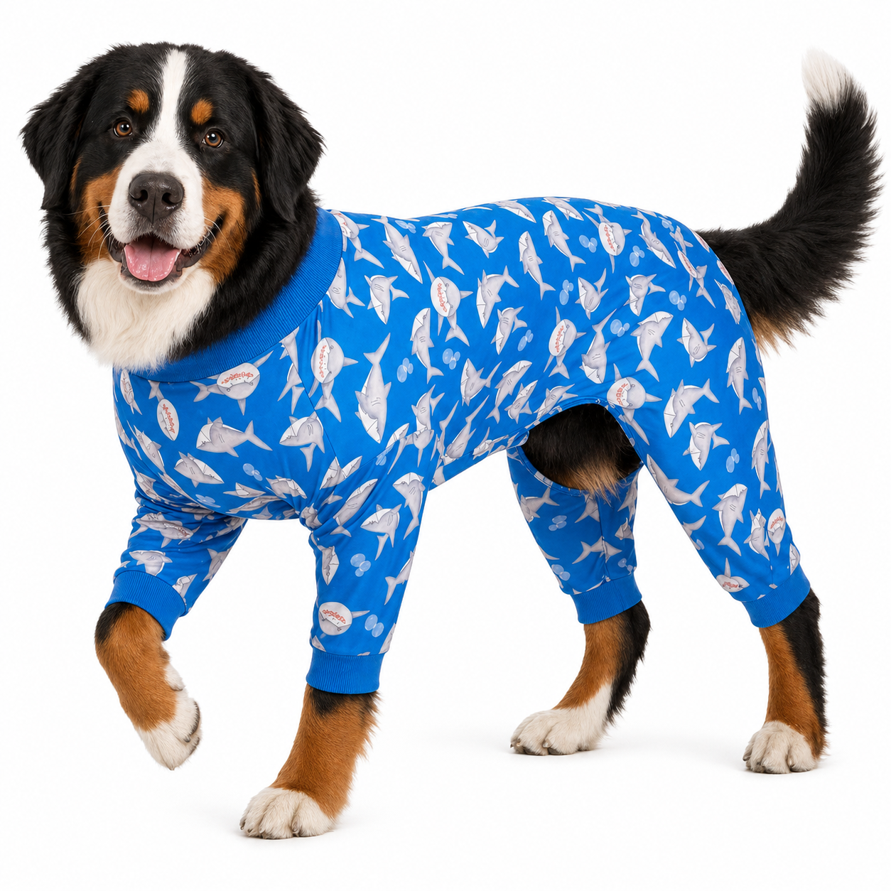 Blue Shark Print Dog Onesie