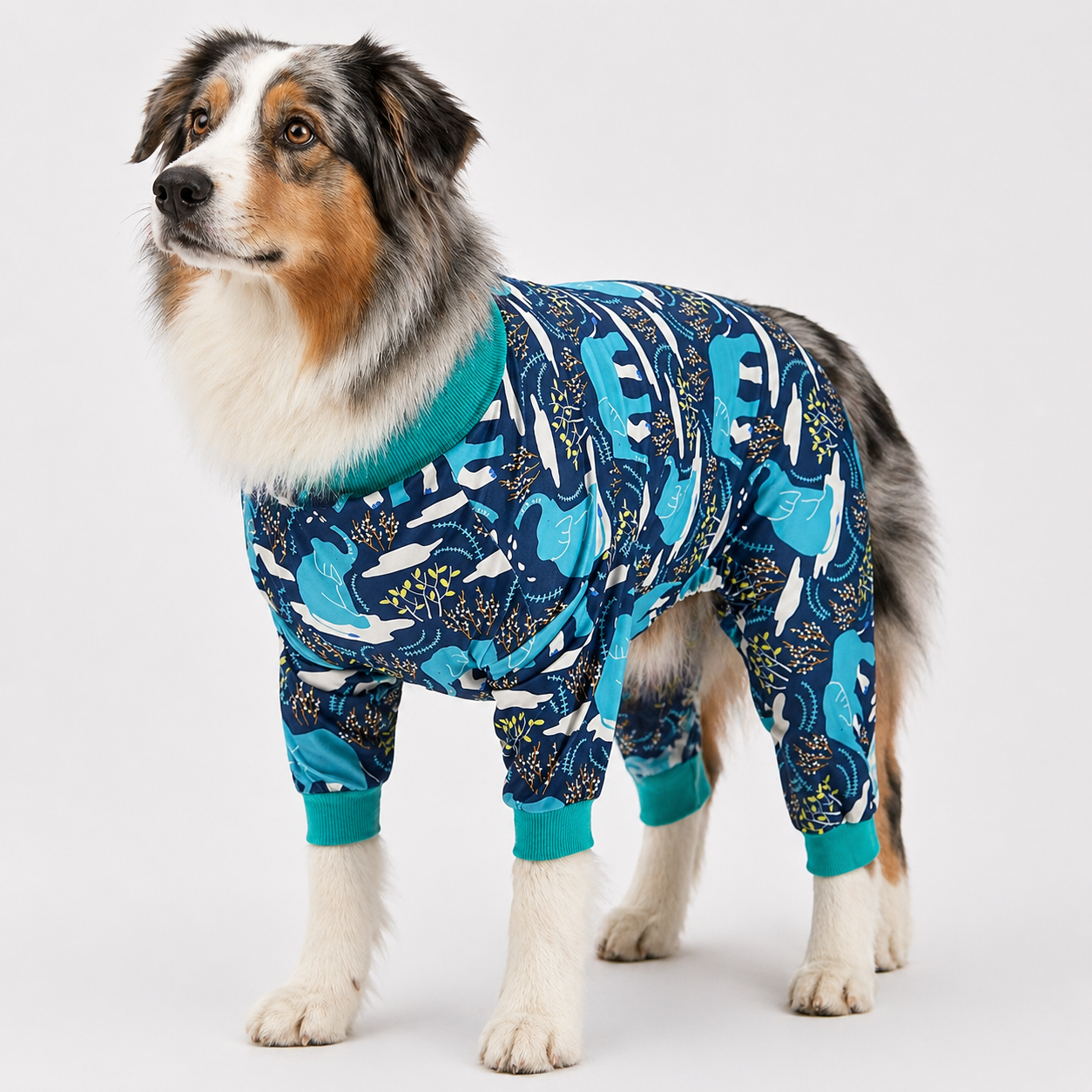 Blue Nature Animal Pattern Post-Surgery Large Dog Bodysuit