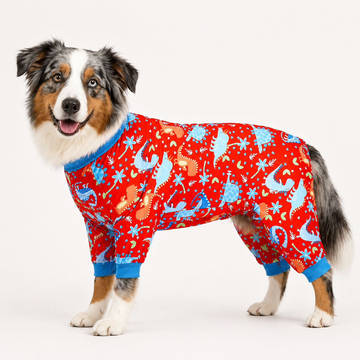 Red Accent Dinosaur Adventure Full Body Dog Bodysuit