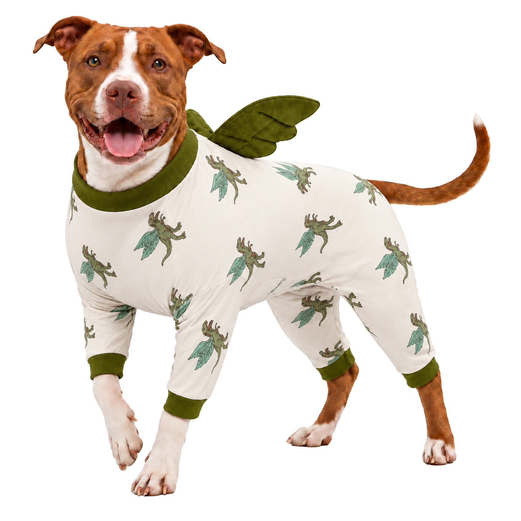 LovinPet Wing Pajamas for Large Dogs, Soft Stretch Onesie, Olive Dino