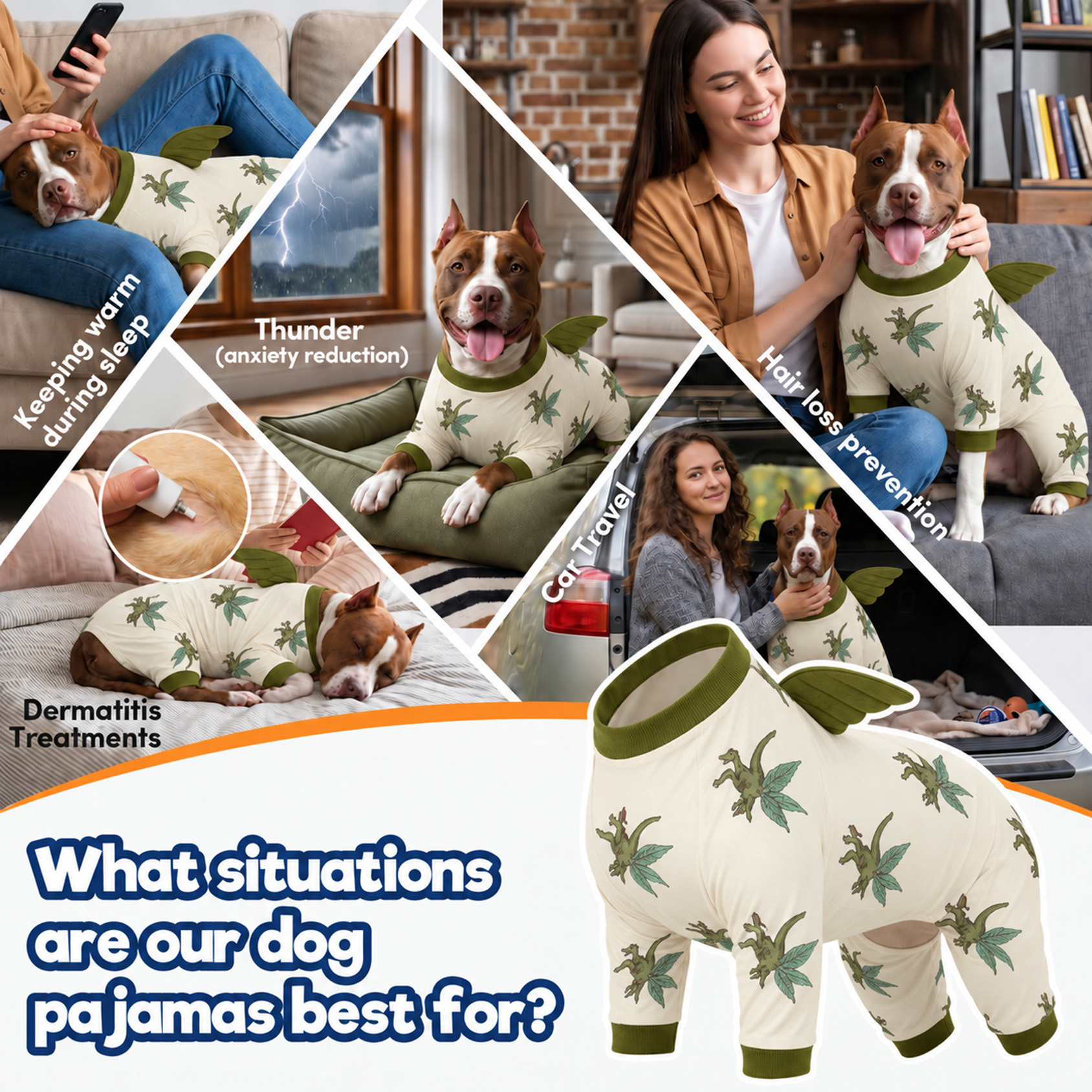 LovinPet Wing Pajamas for Large Dogs, Soft Stretch Onesie, Olive Dino