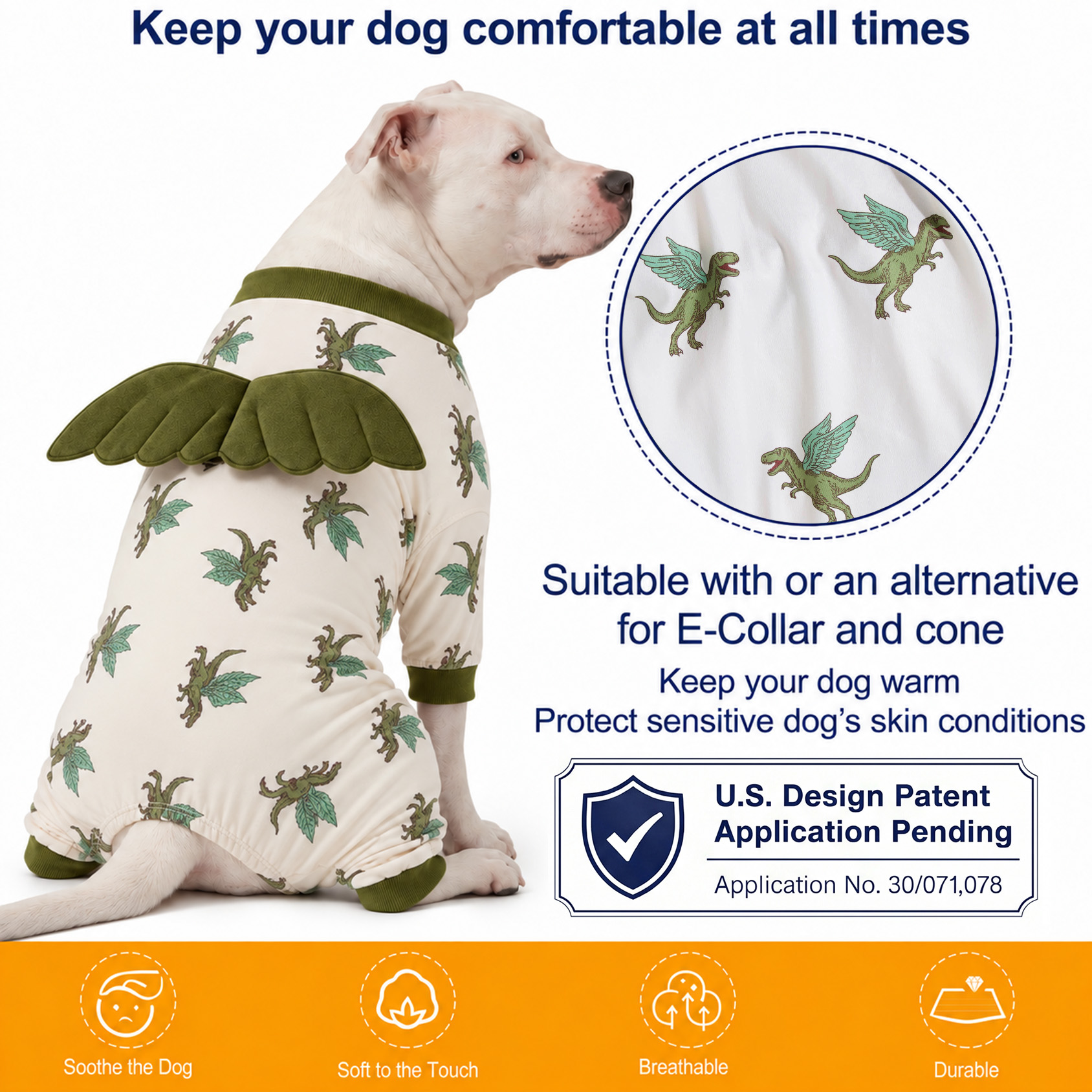 LovinPet Wing Pajamas for Large Dogs, Soft Stretch Onesie, Olive Dino