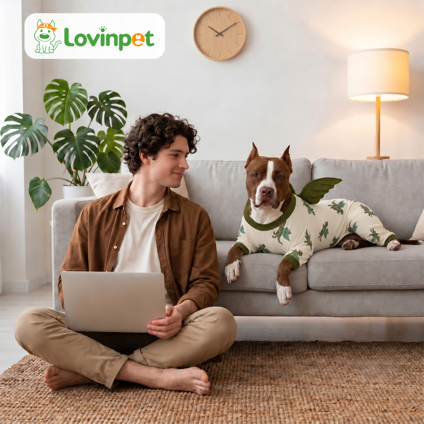 LovinPet Wing Pajamas for Large Dogs, Soft Stretch Onesie, Olive Dino