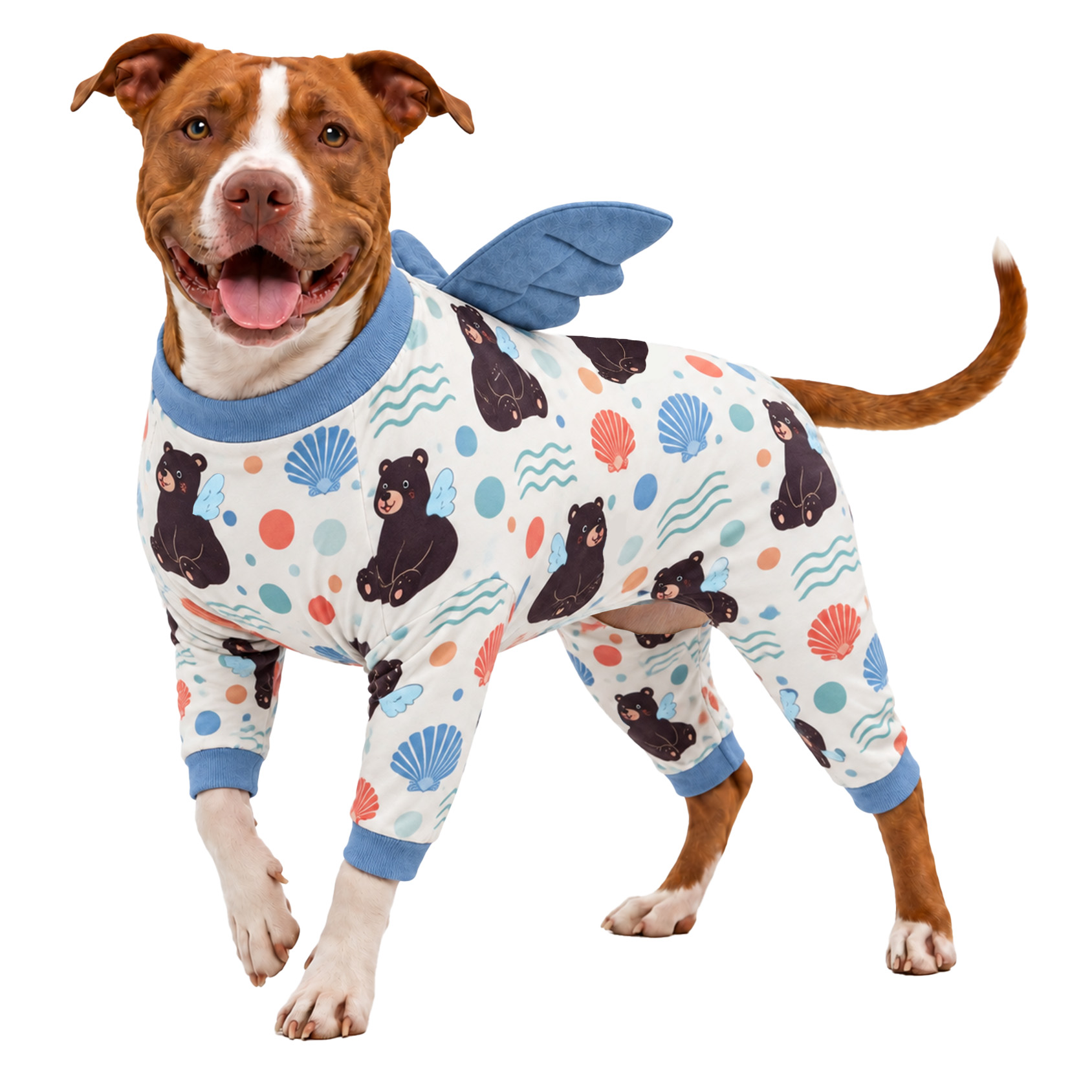 LovinPet Large Dog Pajamas with Wings, Black Bear Print, Sky Blue