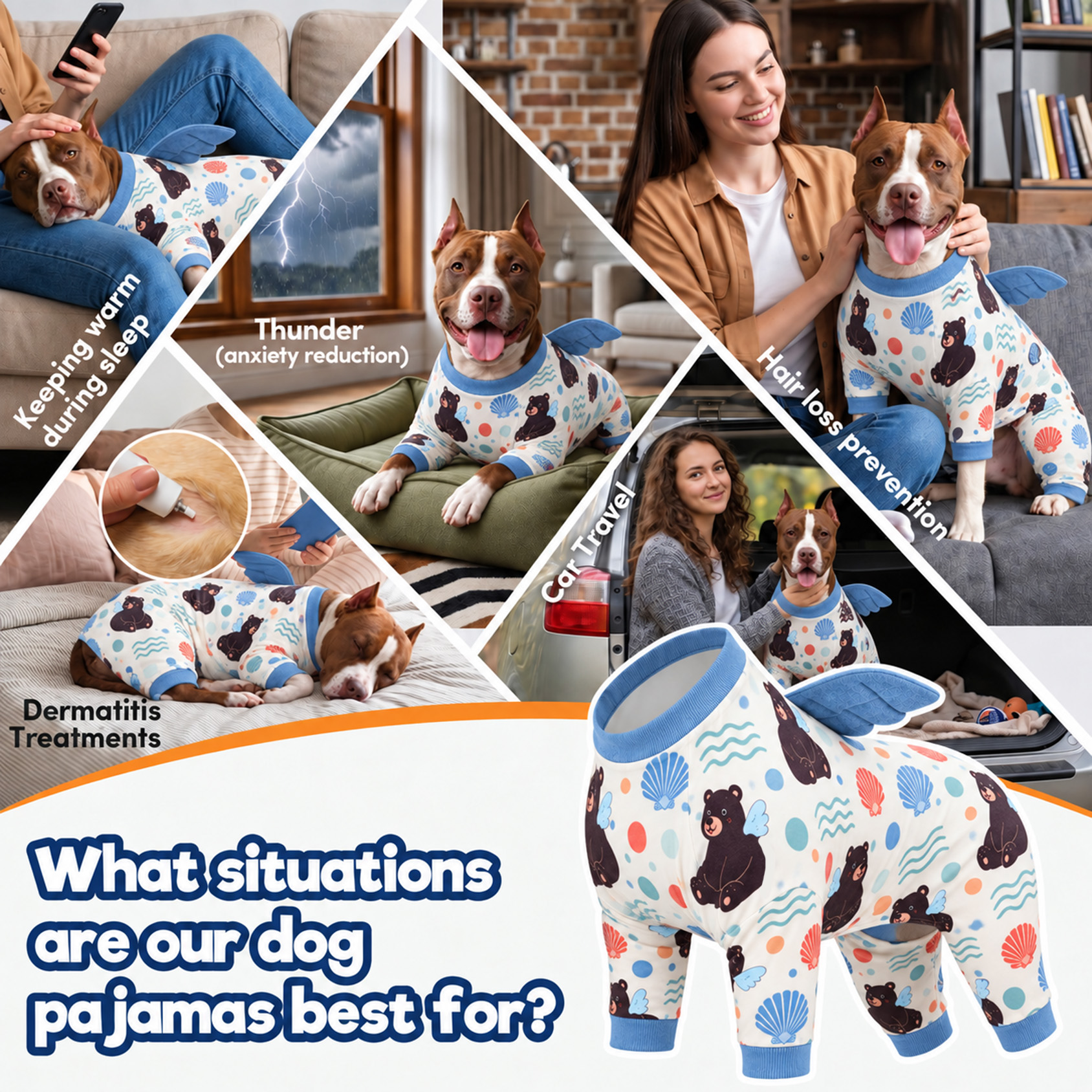 LovinPet Large Dog Pajamas with Wings, Black Bear Print, Sky Blue