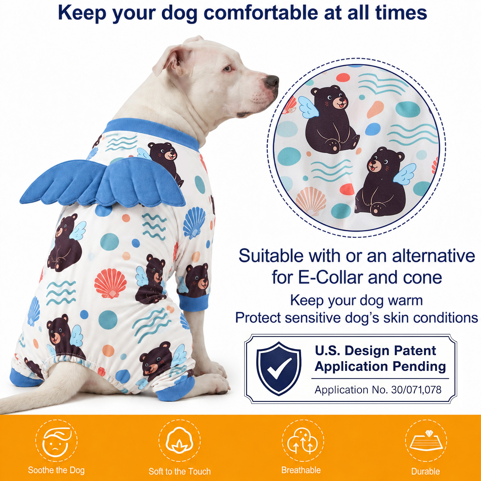LovinPet Large Dog Pajamas with Wings, Black Bear Print, Sky Blue