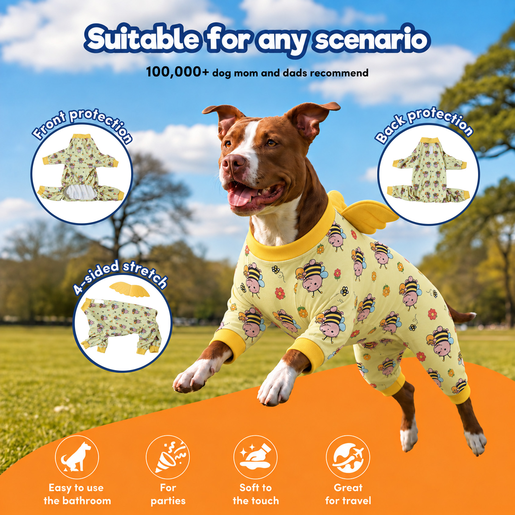 LovinPet Large Dog Pajamas with Wings, Black Bear Print, Sky Blue