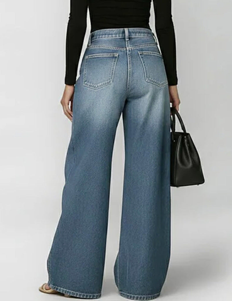Wide-Leg Denim Pants with Gold Grommet Side Cutouts