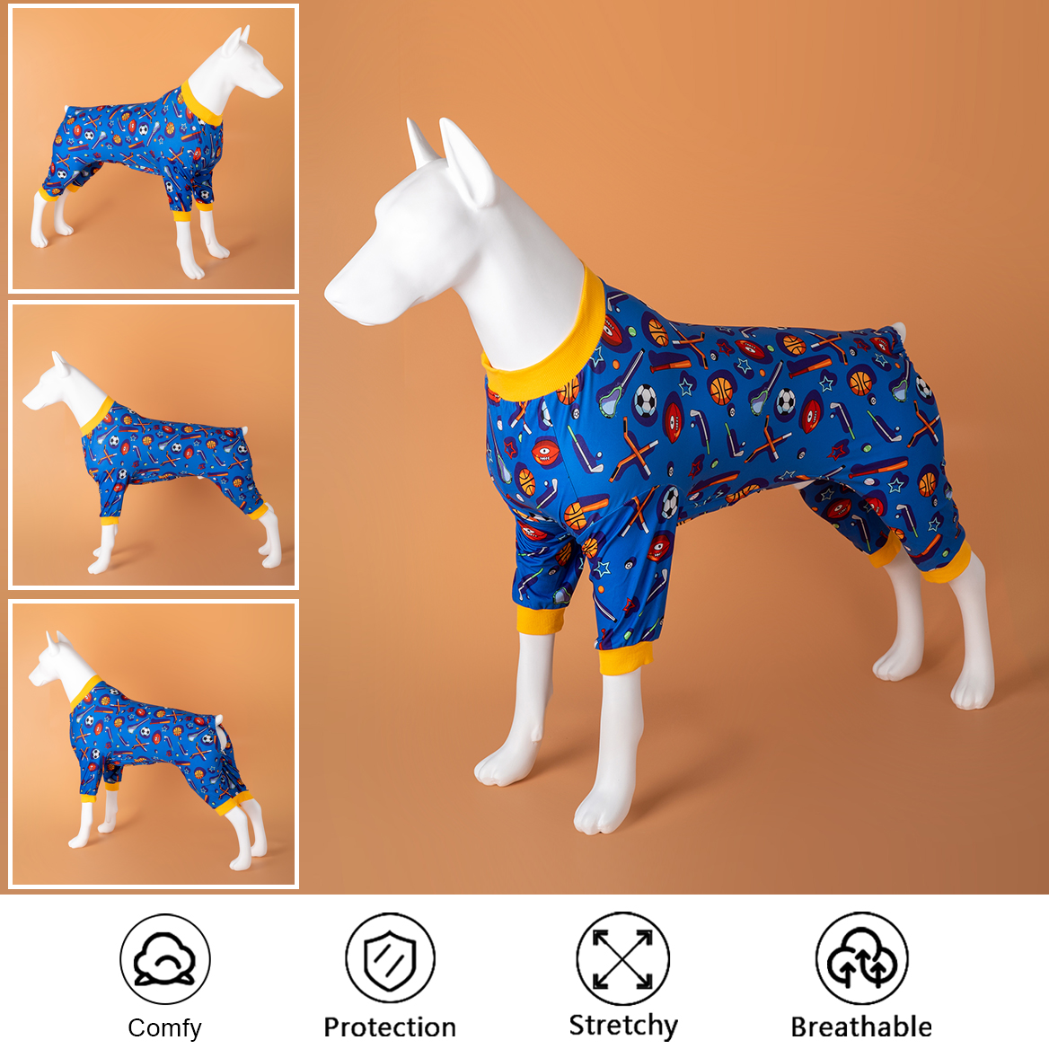 LovinPet Dog Onesies for Large Dogs, Dog Pajamas for Large Dogs, Lightweight Strecchy Fashion Sports Allover Blue Multi Prints Dog Onesie for Surgery, UV Protection, Easy Wearing Adorable Dog Jumpsuit