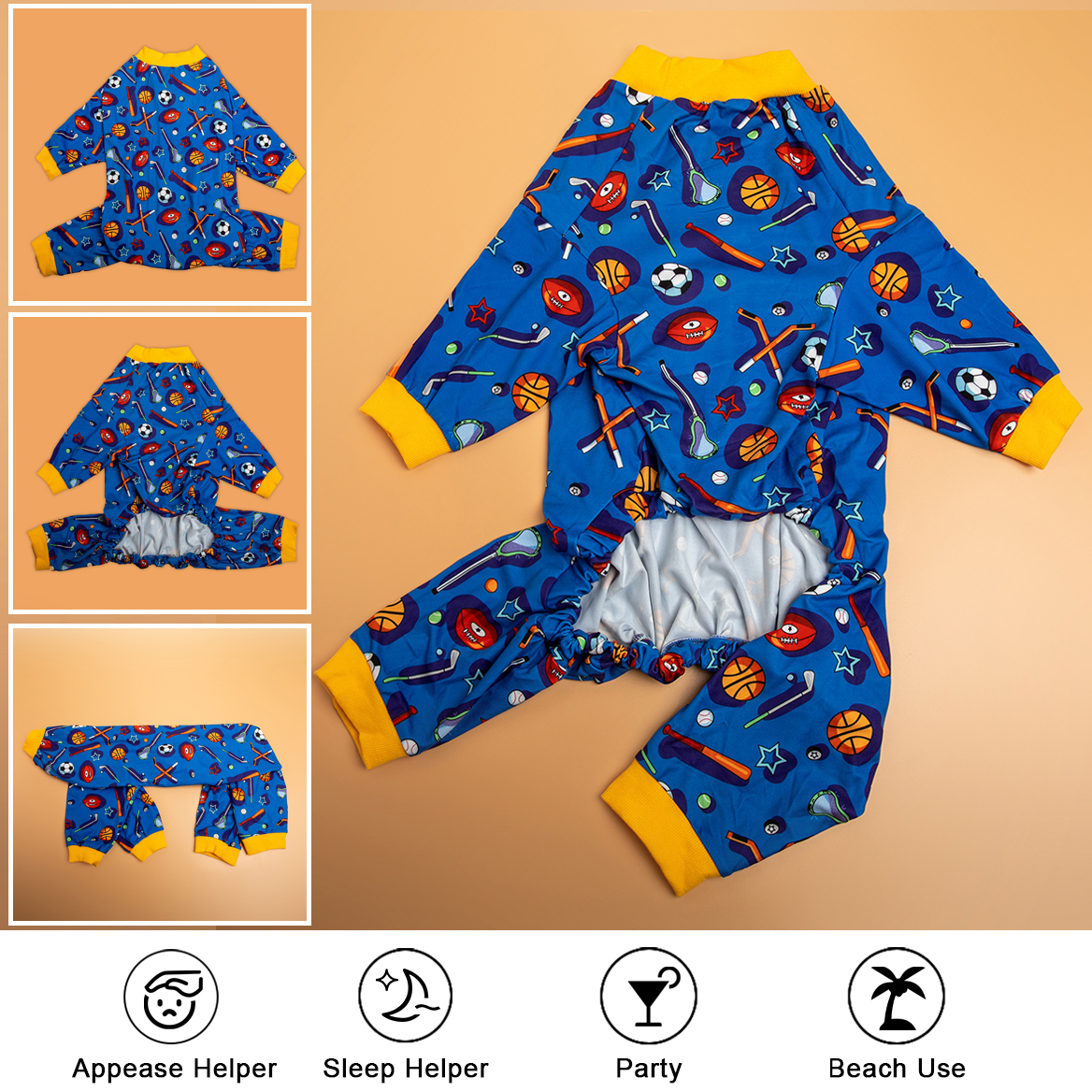 LovinPet Dog Onesies for Large Dogs, Dog Pajamas for Large Dogs, Lightweight Strecchy Fashion Sports Allover Blue Multi Prints Dog Onesie for Surgery, UV Protection, Easy Wearing Adorable Dog Jumpsuit