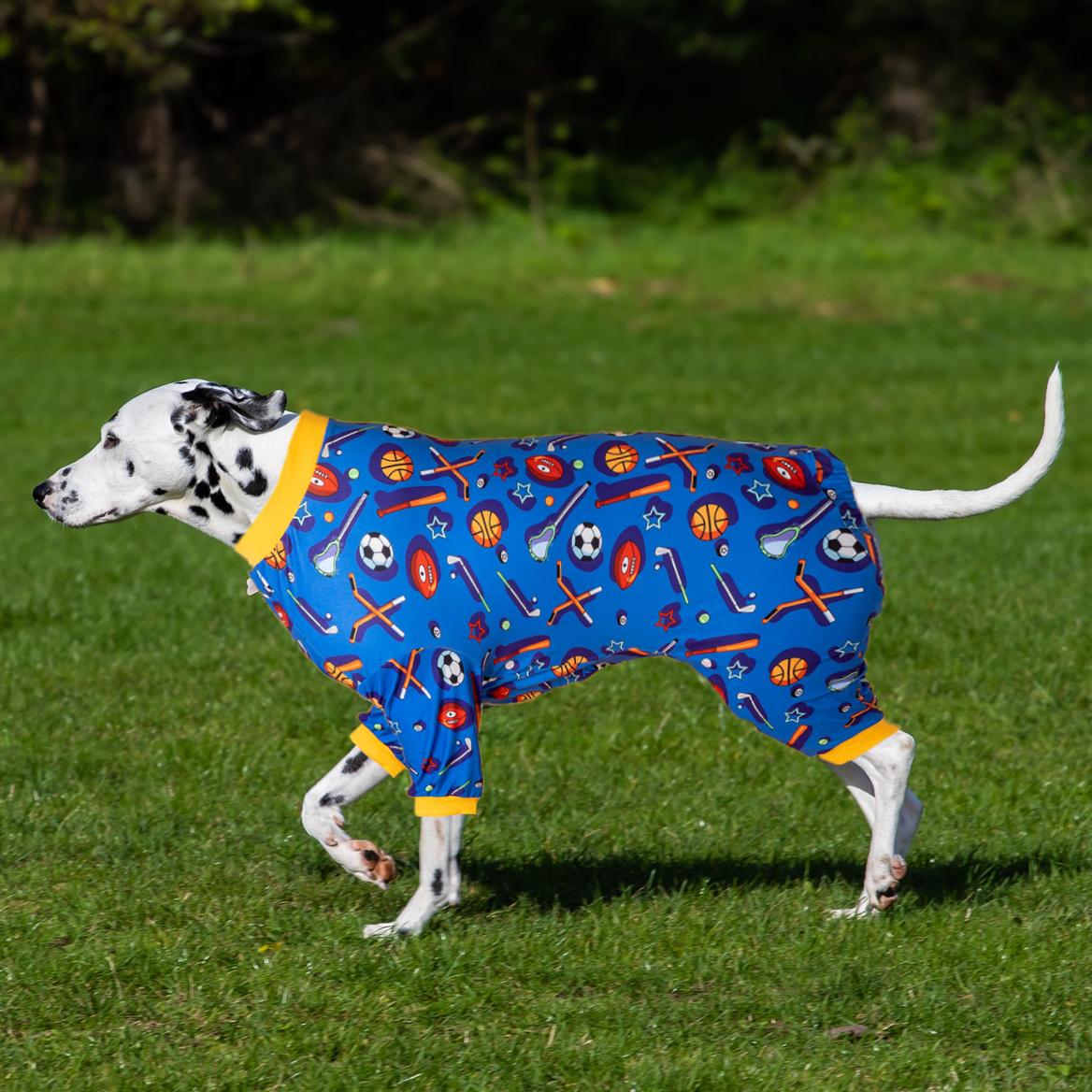 LovinPet Dog Onesies for Large Dogs, Dog Pajamas for Large Dogs, Lightweight Strecchy Fashion Sports Allover Blue Multi Prints Dog Onesie for Surgery, UV Protection, Easy Wearing Adorable Dog Jumpsuit